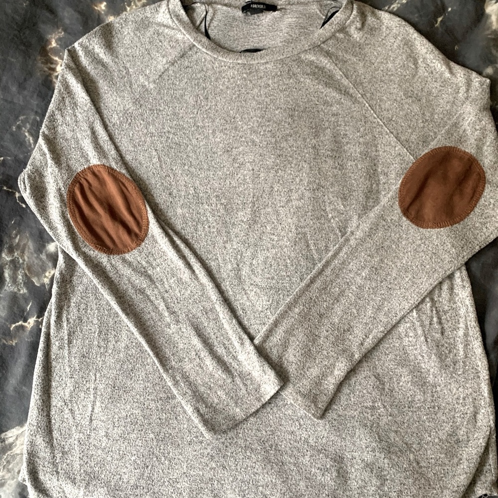Gray sweater with brown patchwork elbows